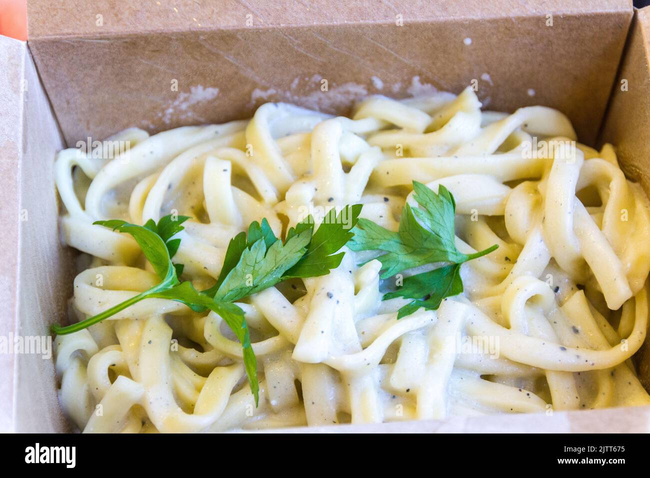 fettuccine noodles with white sauce and green garnish smell in Rio de
