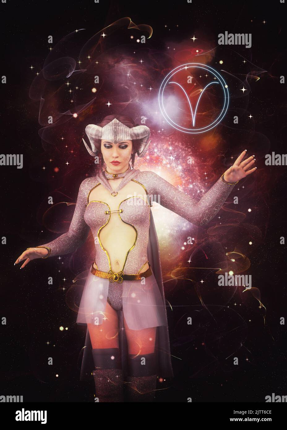Woman with ram horns crown wear fantasy outfit on starry space background  as Aries zodiac sign, 3D Illustration Stock Photo - Alamy, image size:928x1390