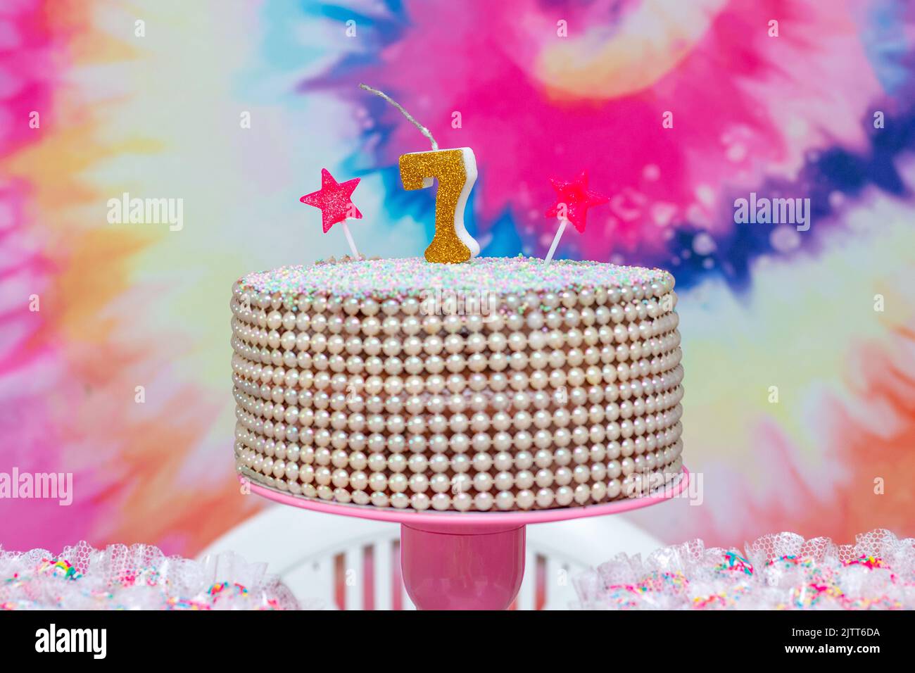 seven year party decoration with tie dye theme in rio de janeiro. Stock Photo