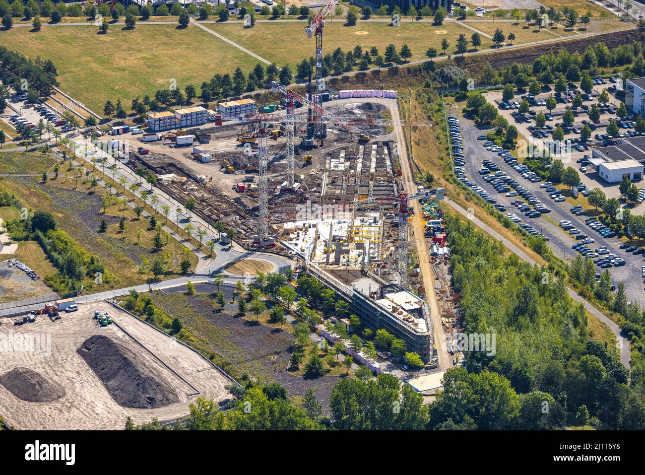 Aerial view, Phoenix West industrial park, construction site and new building at Phoenix Park on
