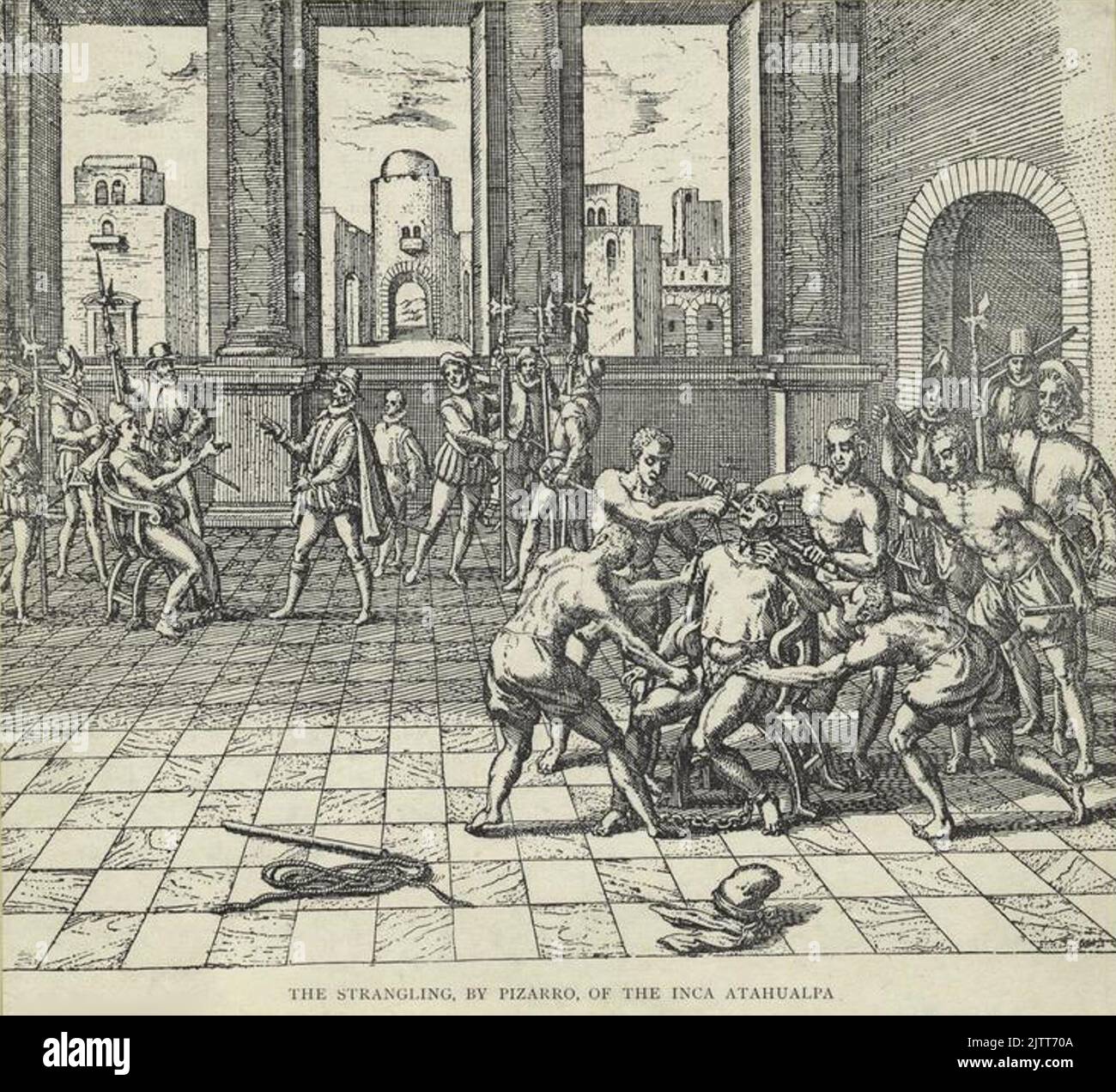 The execution by strangulation with a garrote of the last Inca king Atahualpa by Spanish conquistador Francisco Pizarro in 1533, engraving by Theodor de Bry Stock Photo