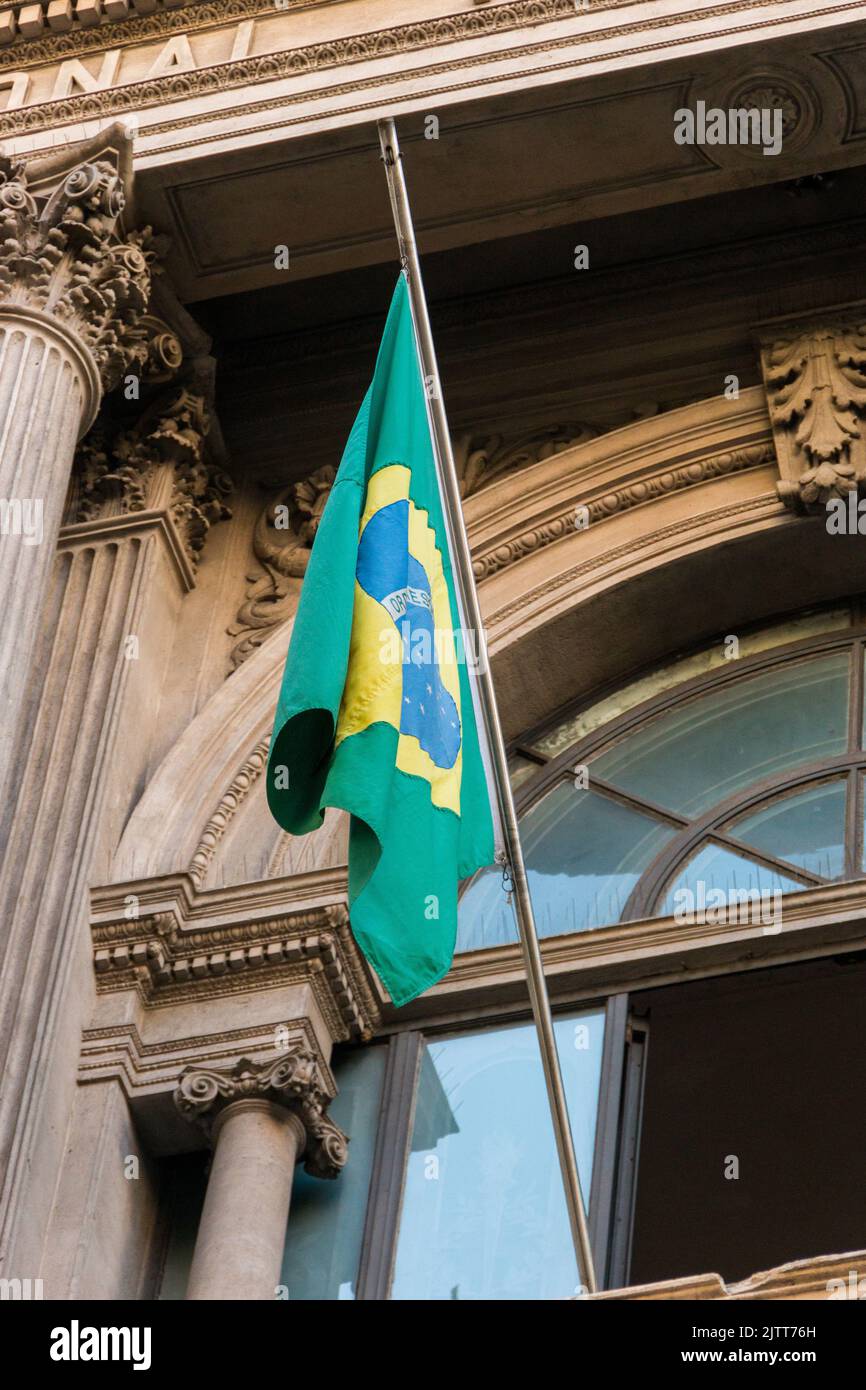 brazil flag outdoors on top of a building in Rio de Janeiro. Stock Photo