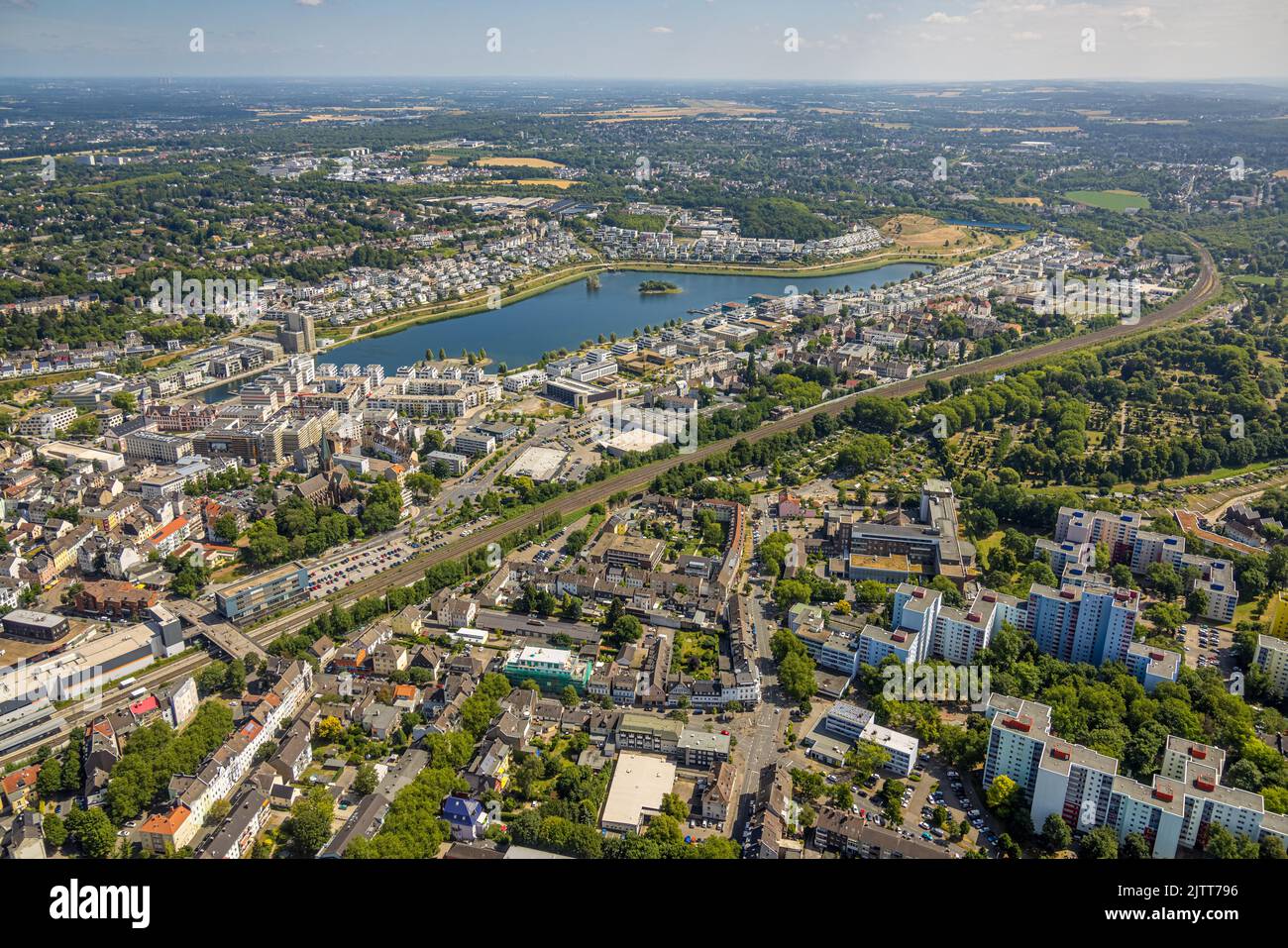 Aerial view, Phoenix lake, residential buildings, Hörde, Dortmund, Ruhr area, North Rhine-Westphalia, Germany, DE, Europe, Remote view, Recreational A Stock Photo