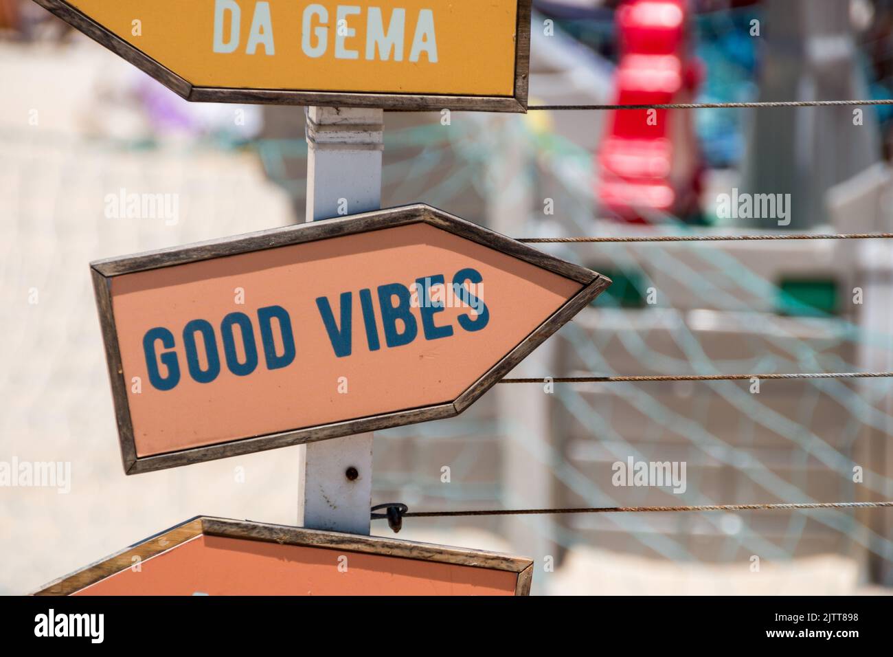 signpost with the phrase good vibes in Rio de Janeiro Brazil. Stock Photo