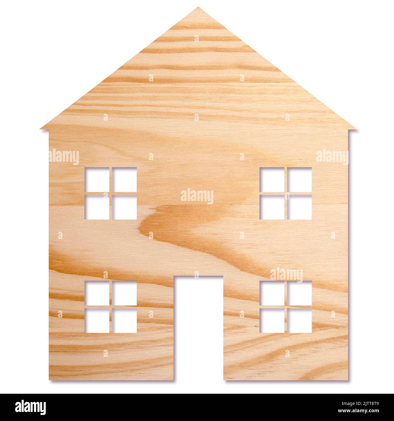 House shape cut out of wood, isolated on white background cut out Stock