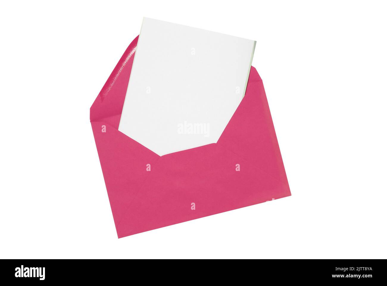 A pink envelope with a plain card pulled out cut out on white Stock Photo