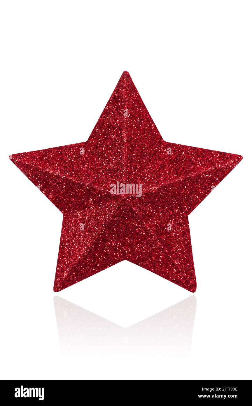 Red glitter star shaped christmas decoration isolated on white with