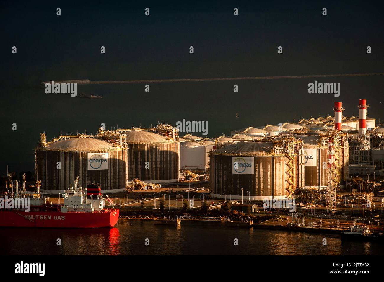 Gas storage tanks of the Spanish energy company and European transmission system operator Enagas at Barcelona port. Stock Photo
