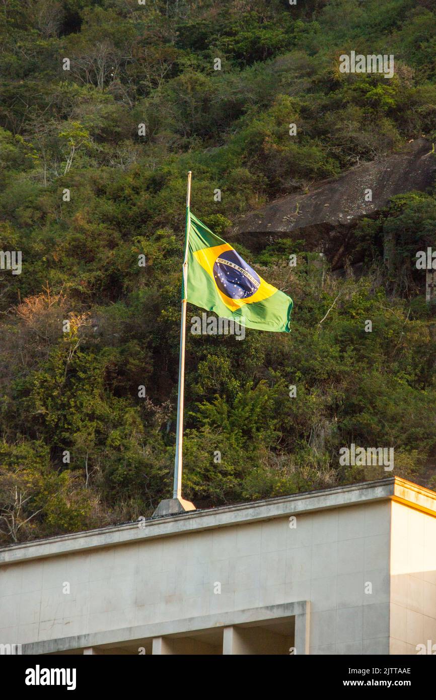 brazil flag outdoors on top of a building in Rio de Janeiro Brazil. Stock Photo