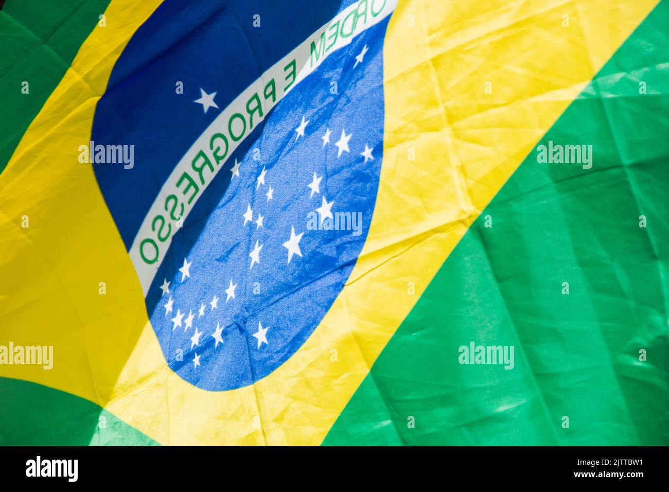 Brazil flag upside down outdoors in Rio de Janeiro Brazil. Stock Photo