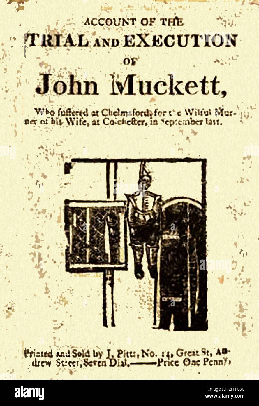 An historic image of a penny pamphlet (chapbook) recording the trial and execution of soldier John  Muckett who murdered his wife in Colchester, England where he was quartered whilst serving in the first battalion of the 4th Regiment of Foot. Chief witnesses were Thomas King and his wife who lodged in the same room who said he hit his wife in a domestic argument over his food. During the night she was found dead in bed. At his execution he admitted responsibility but swore he had not intended to cause his wife a fatal injury. He was executed at Chelmsford on on New Years Day 1841. Stock Photo
