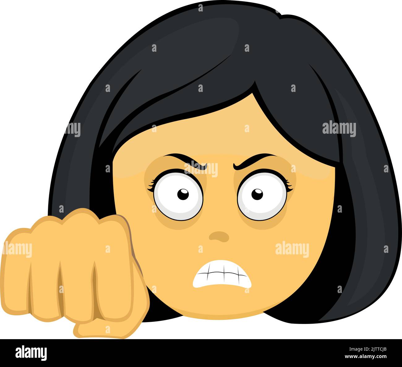 Vector emoticon illustration of a yellow cartoon woman face with an angry expression and giving a fist bump Stock Vector