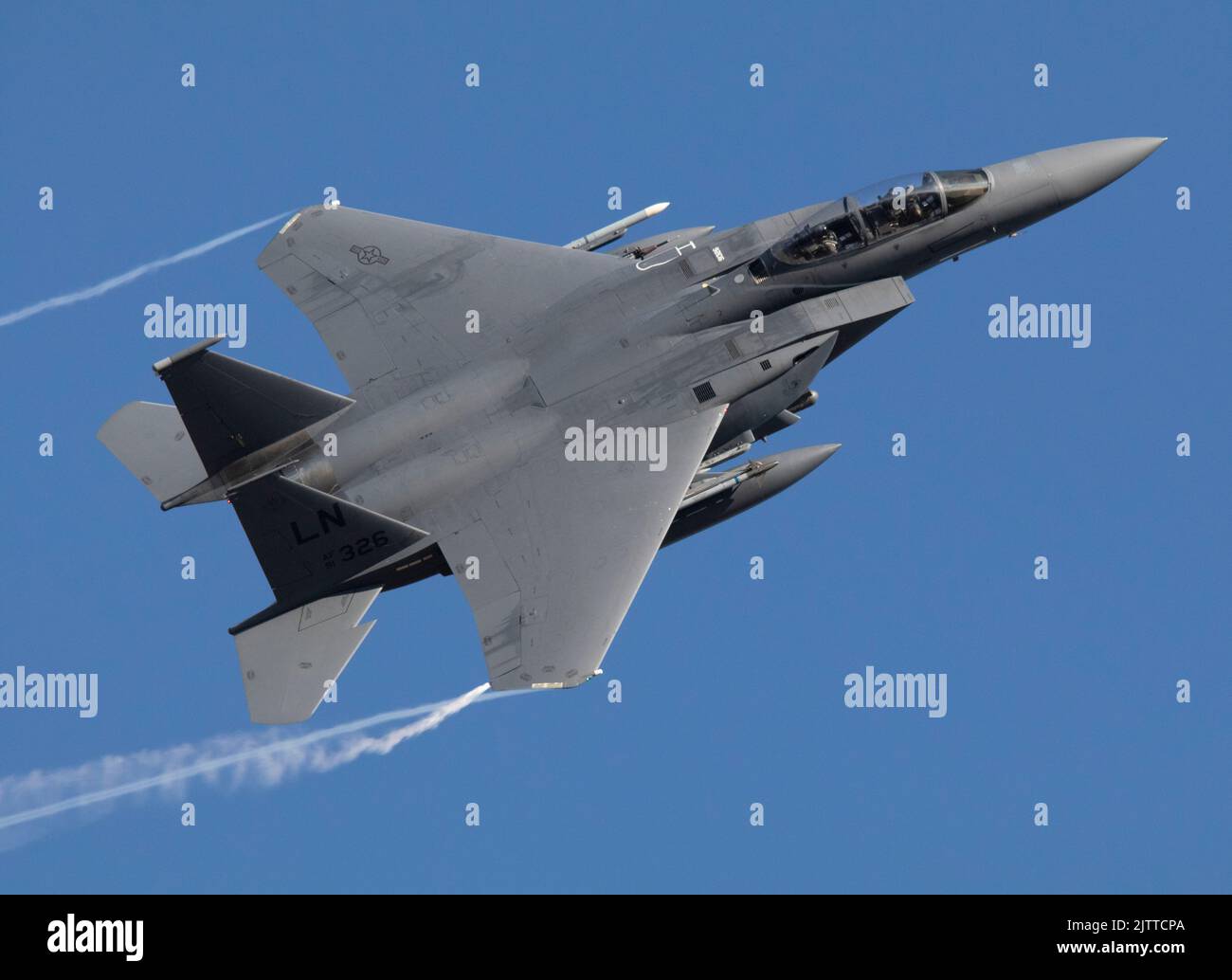 F-15E Strike Eagle AF 91-326 taking off, Runway 07 RAF Lakenheath, 29th August 2022 Stock Photo