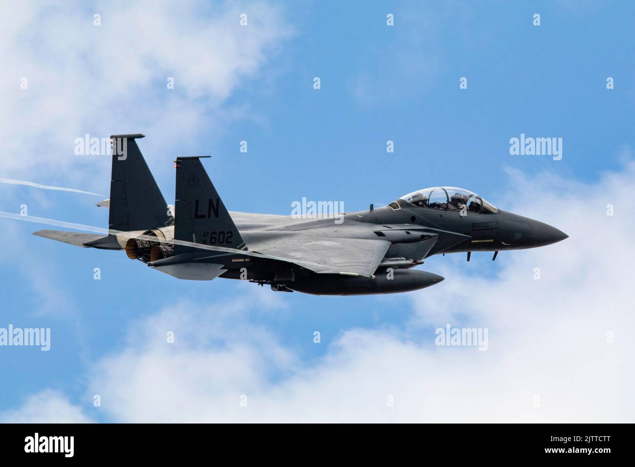 F-15E Strike Eagle AF 91-602 taking off, Runway 07 RAF Lakenheath, 29th August 2022 Stock Photo