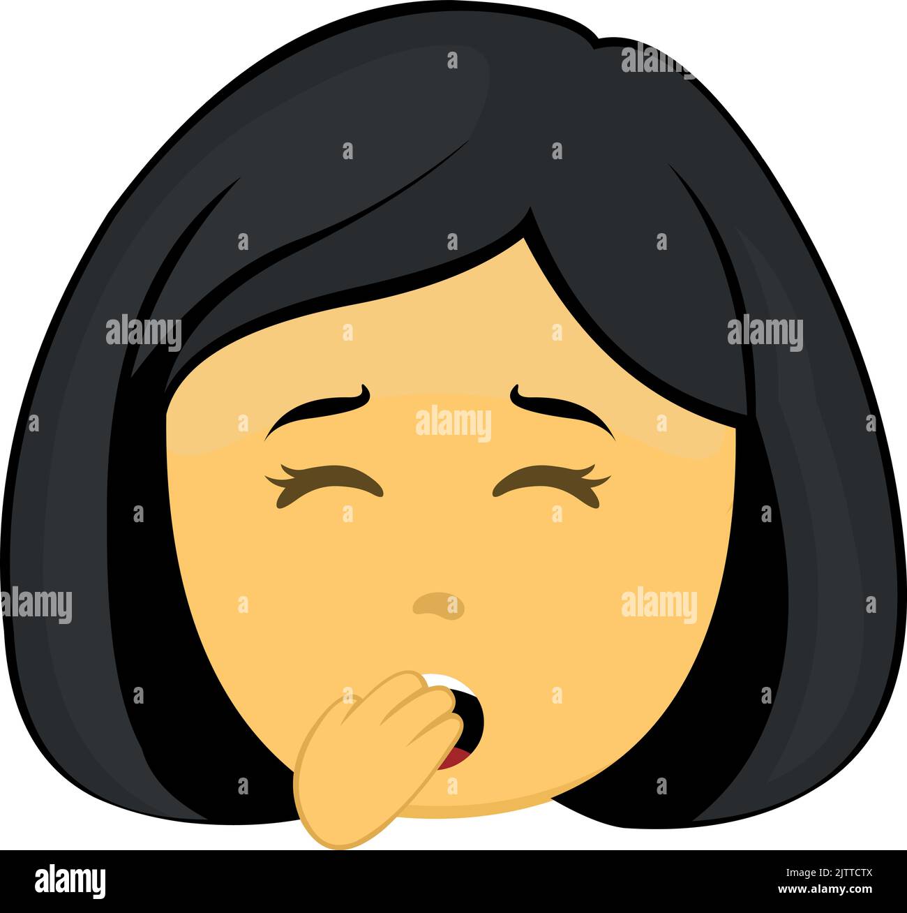 Vector illustration of the face of a yellow female emoji, yawning with her hand in her mouth Stock Vector