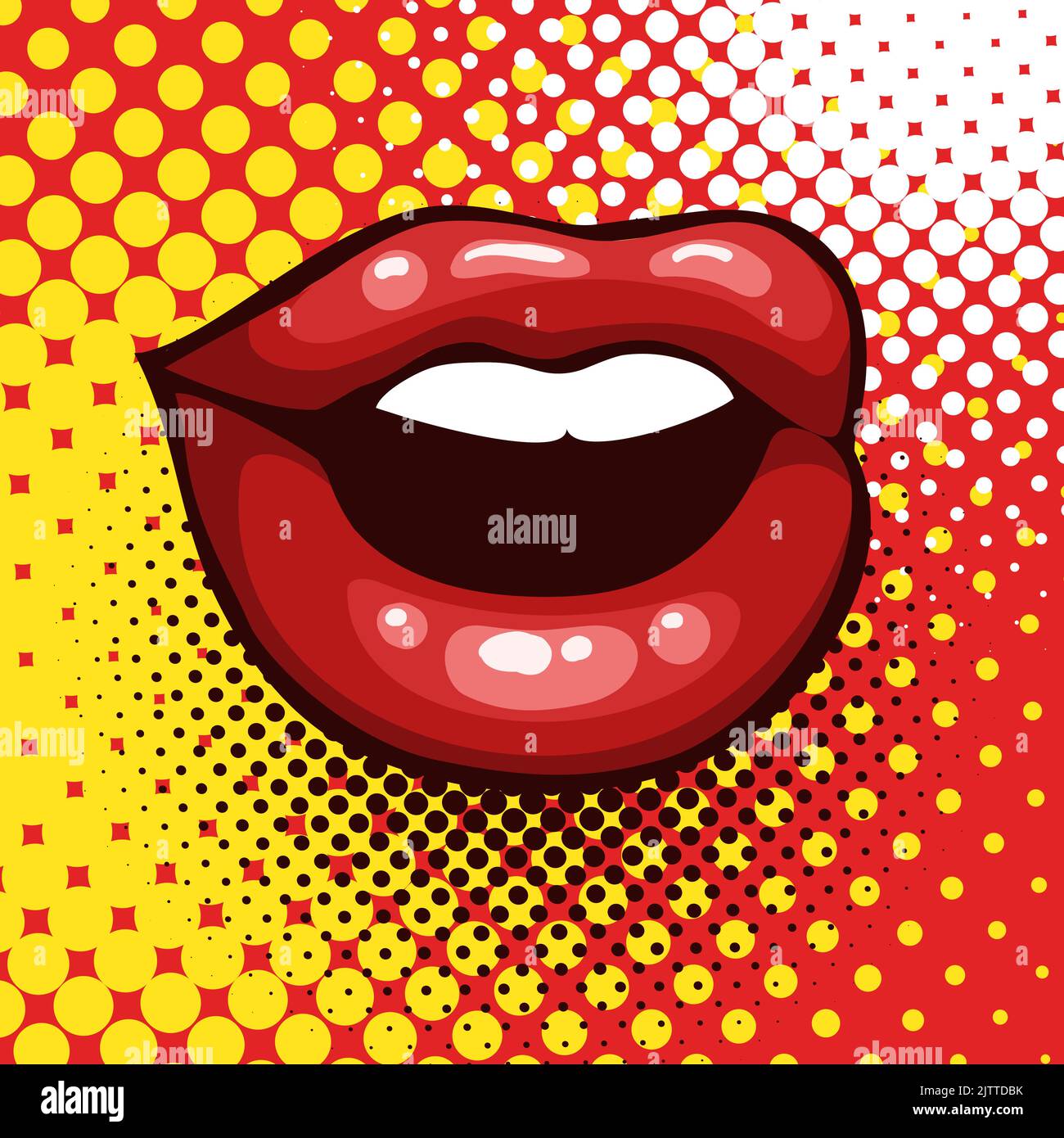 Female sexy Lips Drawn in Retro Pop Art Style on half tone background. Vector Illustration - Stock Image