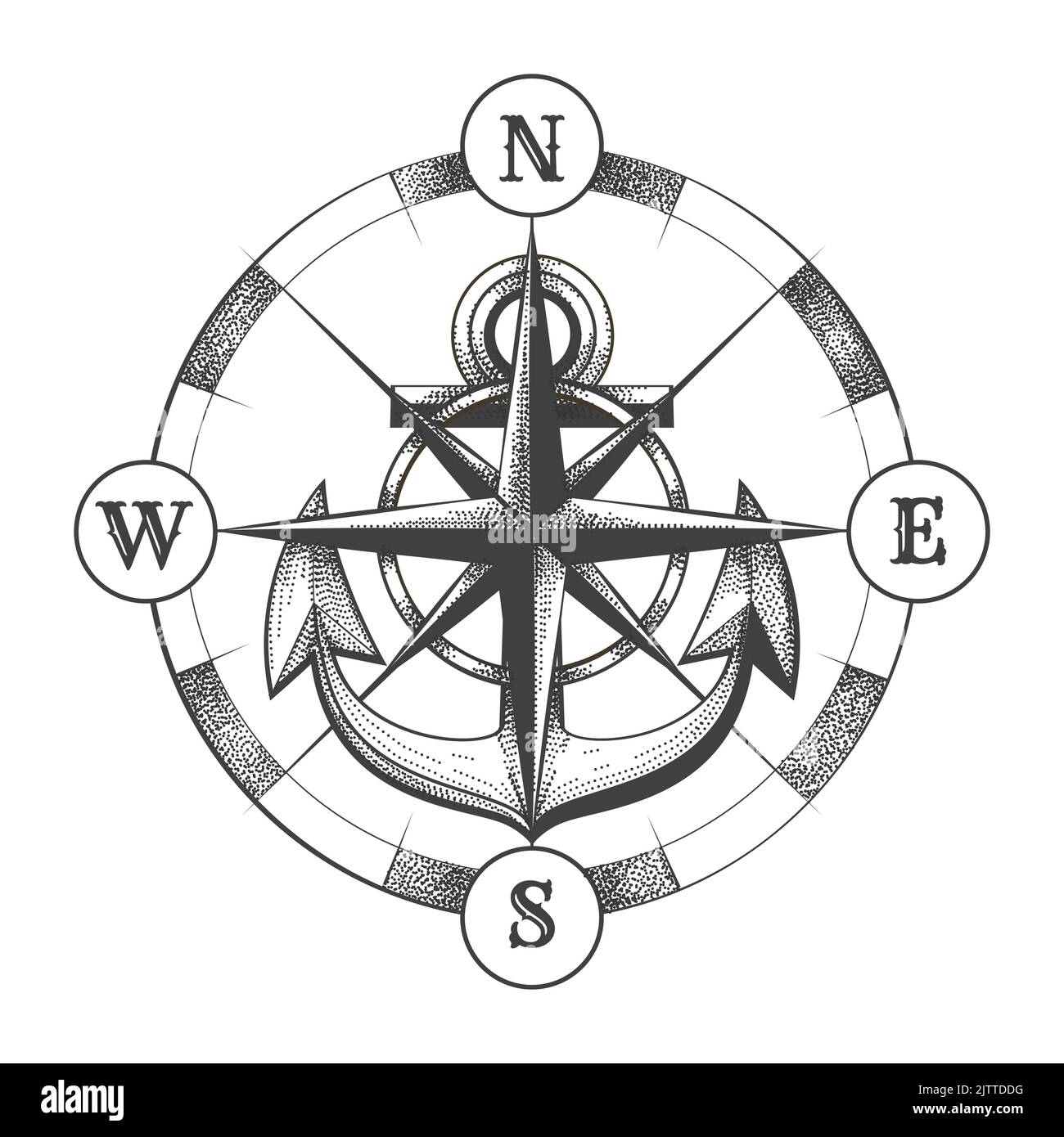 Tattoo of Wind Rose and Ship Anchor isolated on white. Vector illustration Stock Vector