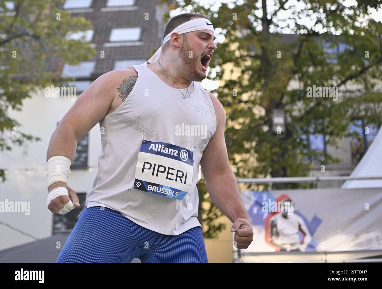 US' Adrian Piperi reacts during the shot put competition on the eve of the Memorial Van Damme Diamond League meeting athletics event, in Brussels, Thursday 01 September 2022. The Diamond League meeting takes place on 02 September. BELGA PHOTO ERIC LALMAND Stock Photo