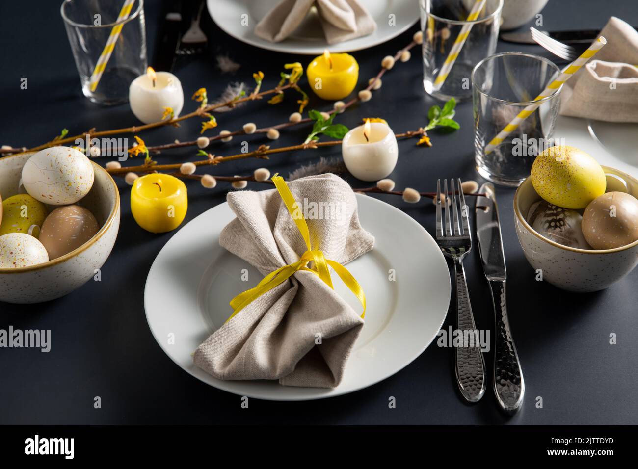 close up of easter table serving over black Stock Photo