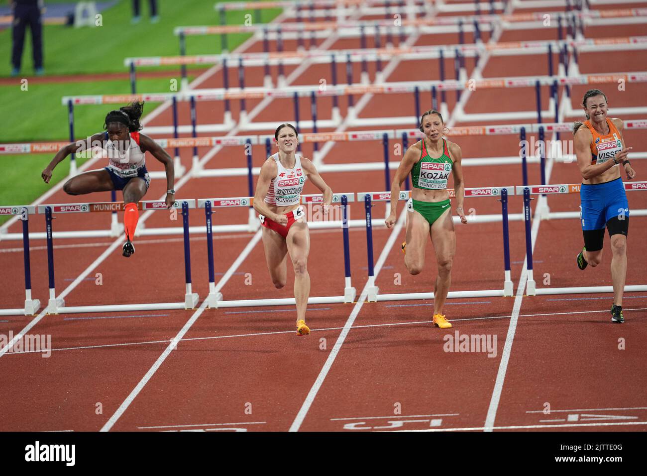 Pia Skrzyszowska winning in the 100m hurdles at the European Athletics