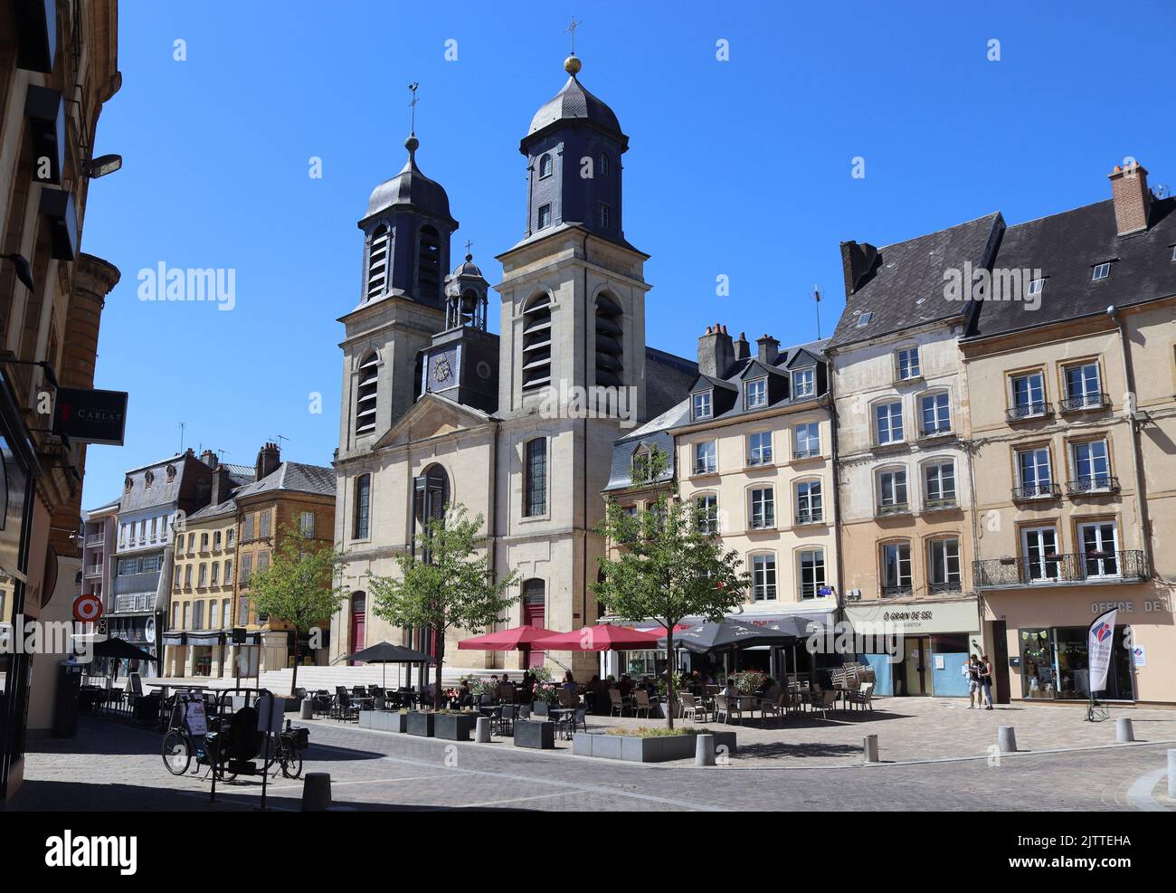 SEDAN, FRANCE, 6 AUGUST 2022: View of Place d'Armes and St. Charles Church in Sedan. Sedan is a popular tourist destination in the Ardennes department Stock Photo