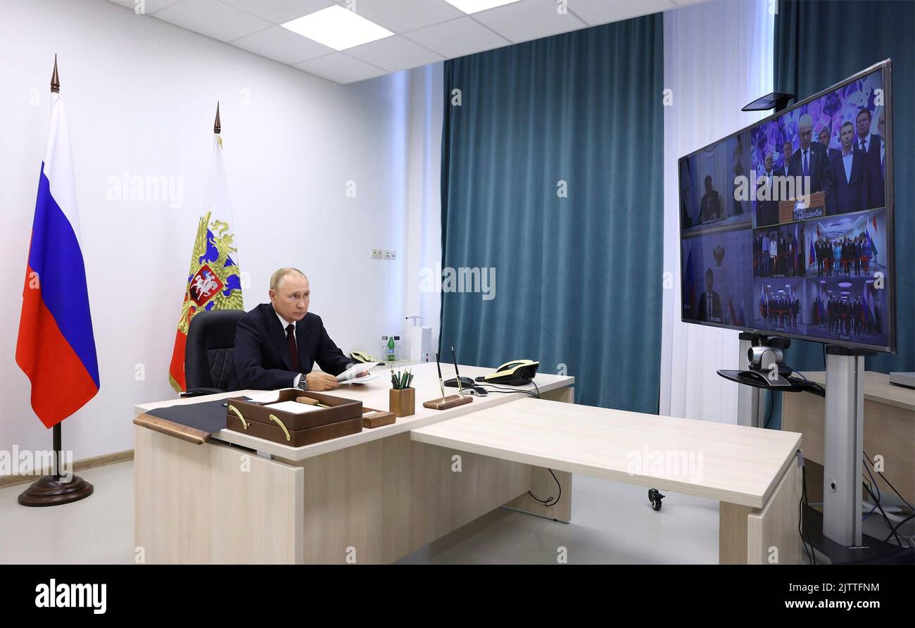 Kaliningrad, Russia. 01st Sep, 2022. Russian President Vladimir Putin joins Tajikistan President Emomali Rahmon in a remote opening ceremony at five general education schools with instruction in Russian in five Tajik cities via videoconference, September 1, 2022 in Kaliningrad, Russia. Credit: Gavriil Grigorov/Kremlin Pool/Alamy Live News Stock Photo