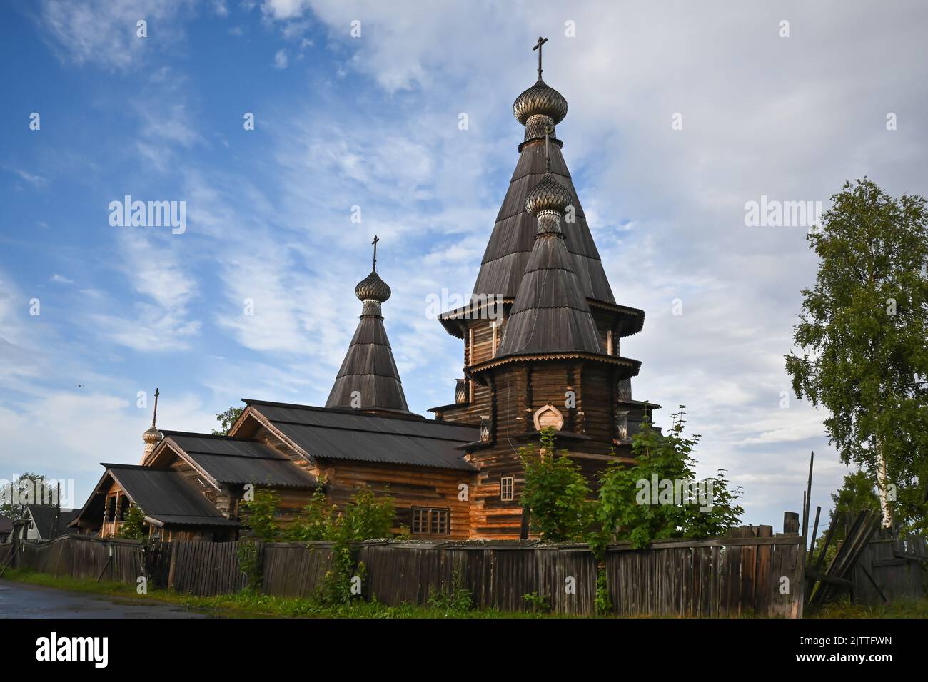 Wooden Orthodox church. Church of the Assumption of the Blessed Virgin Mary in the city of Kem, Republic of Karelia, Russia. Stock Photo