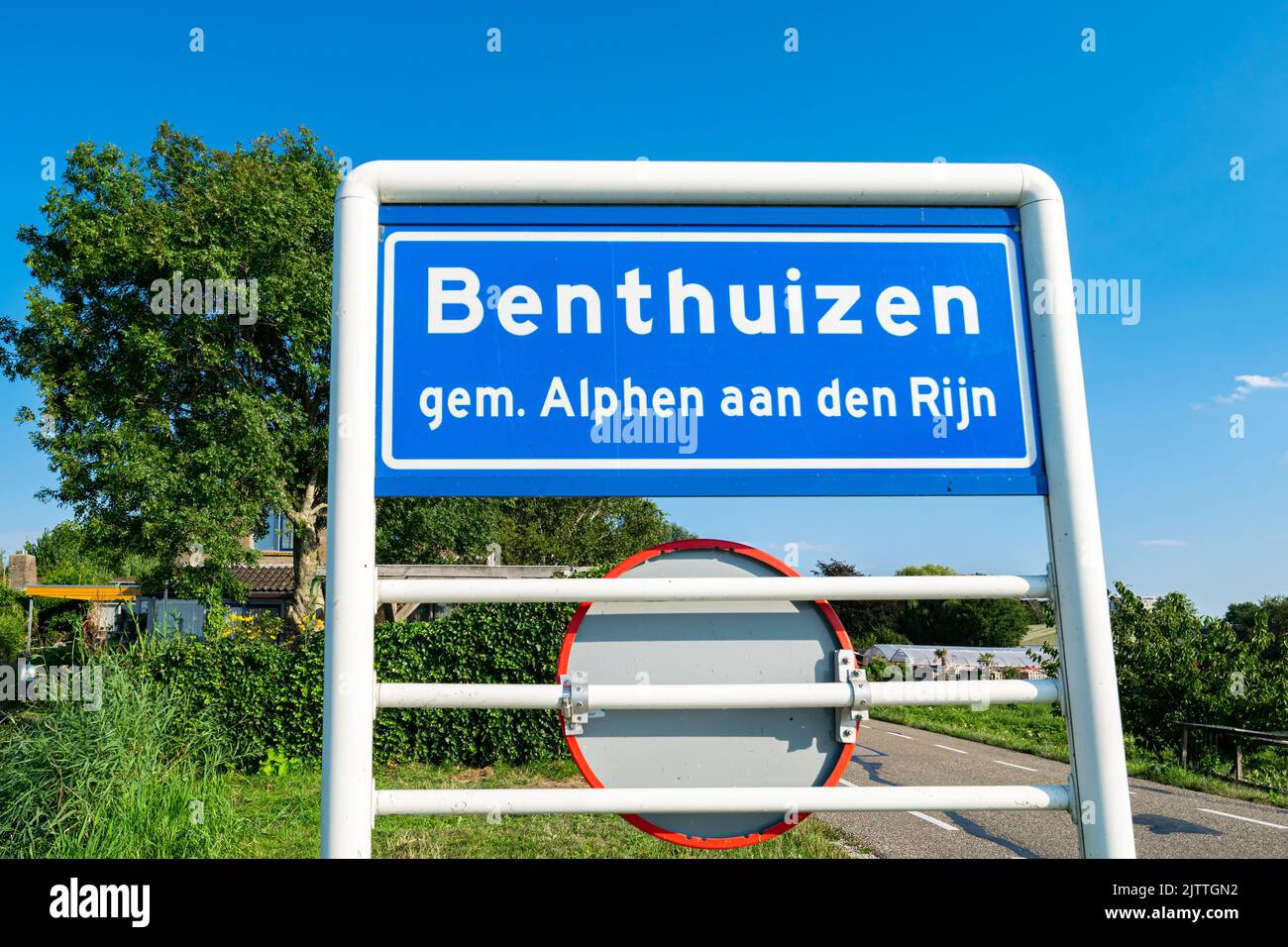 Place name sign of the village of Benthuizen, municipality of Alphen aan den Rijn in The Netherlands. Stock Photo