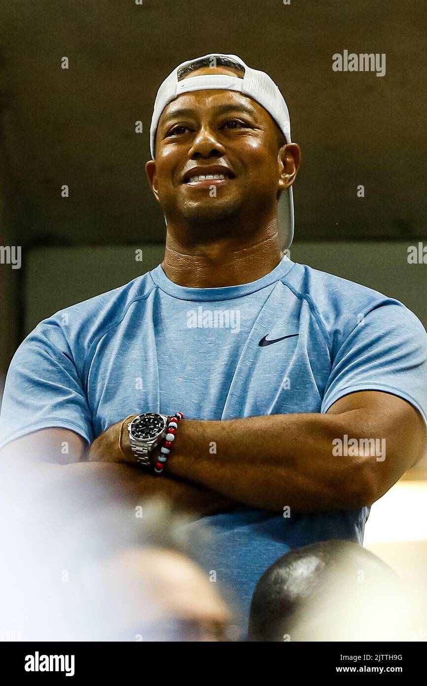 Tiger Woods watching Serena Williams at US Open 2019 Stock Photo