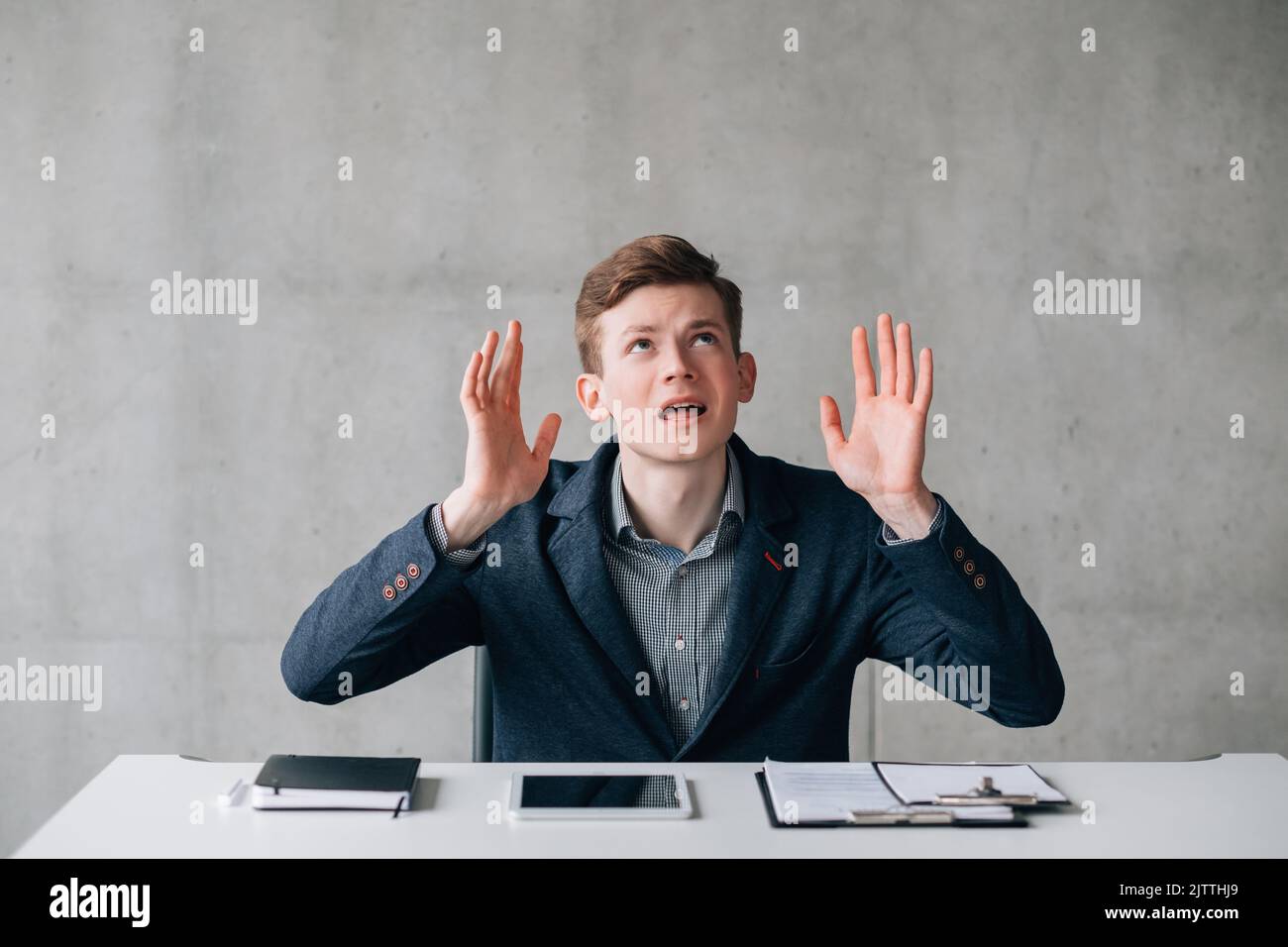 office routine tired guy giving up unbearable work Stock Photo - Alamy