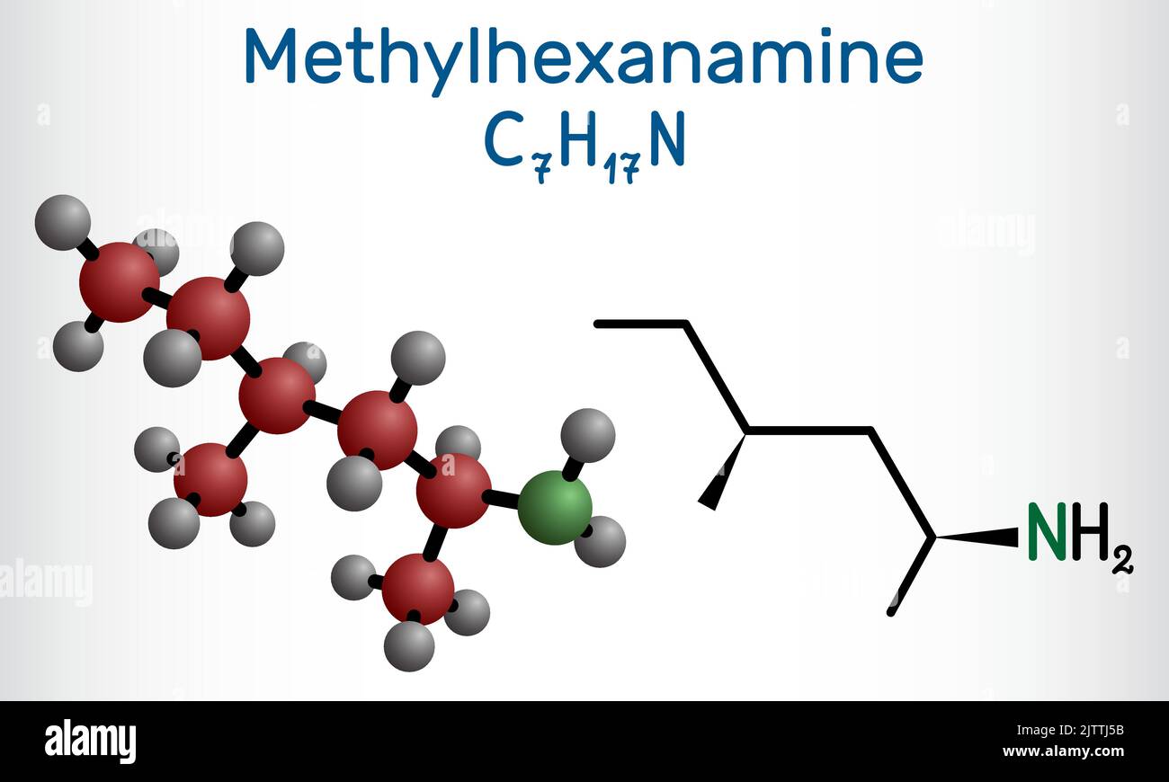 Methylhexanamine, methylhexamine, dimethylamylamine, DMAA molecule. It is alkylamine, indirect sympathomimetic drug. Structural chemical formula, mole Stock Vector