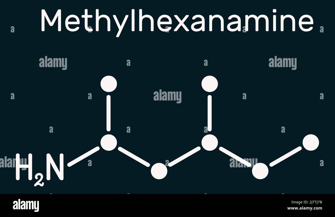 Methylhexanamine, methylhexamine, dimethylamylamine, DMAA molecule. It is alkylamine, indirect sympathomimetic drug. Skeletal chemical formula on the Stock Photo