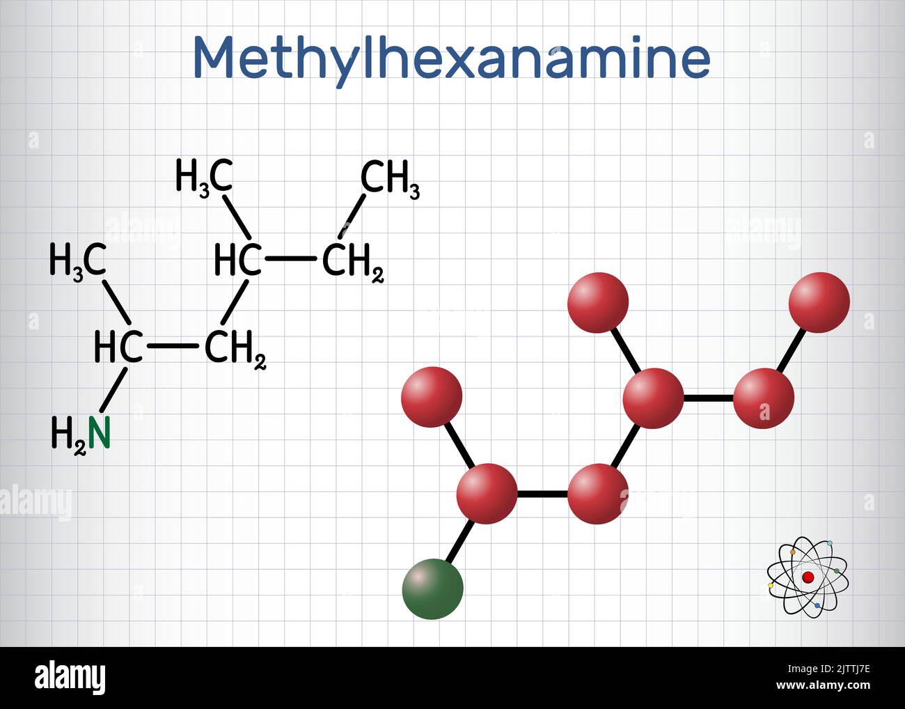 Methylhexanamine, methylhexamine, dimethylamylamine, DMAA molecule. It is alkylamine, indirect sympathomimetic drug. Sheet of paper in a cage. Vector Stock Vector