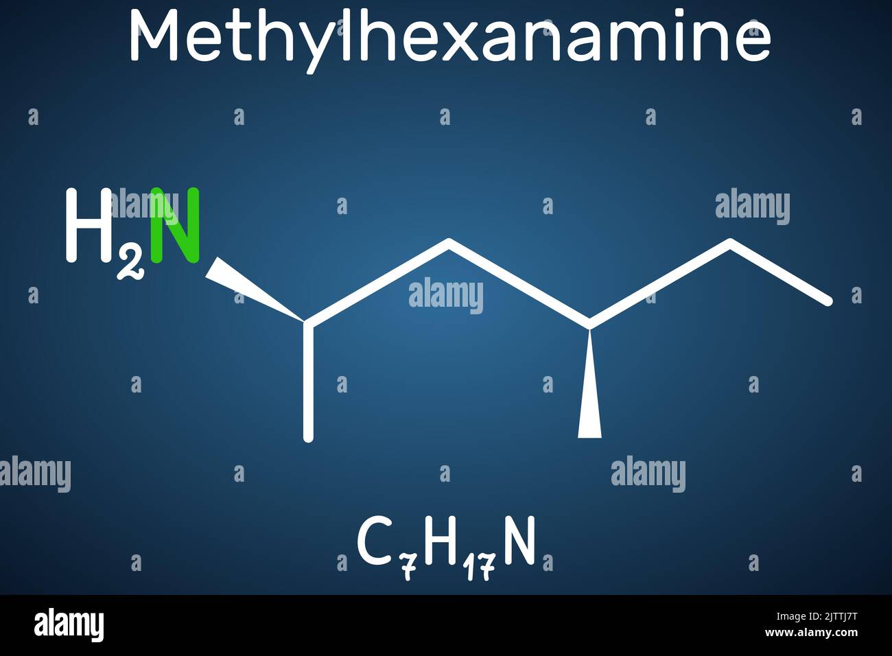 Methylhexanamine, methylhexamine, dimethylamylamine, DMAA molecule. It is alkylamine, indirect sympathomimetic drug. Structural chemical formula on th Stock Vector