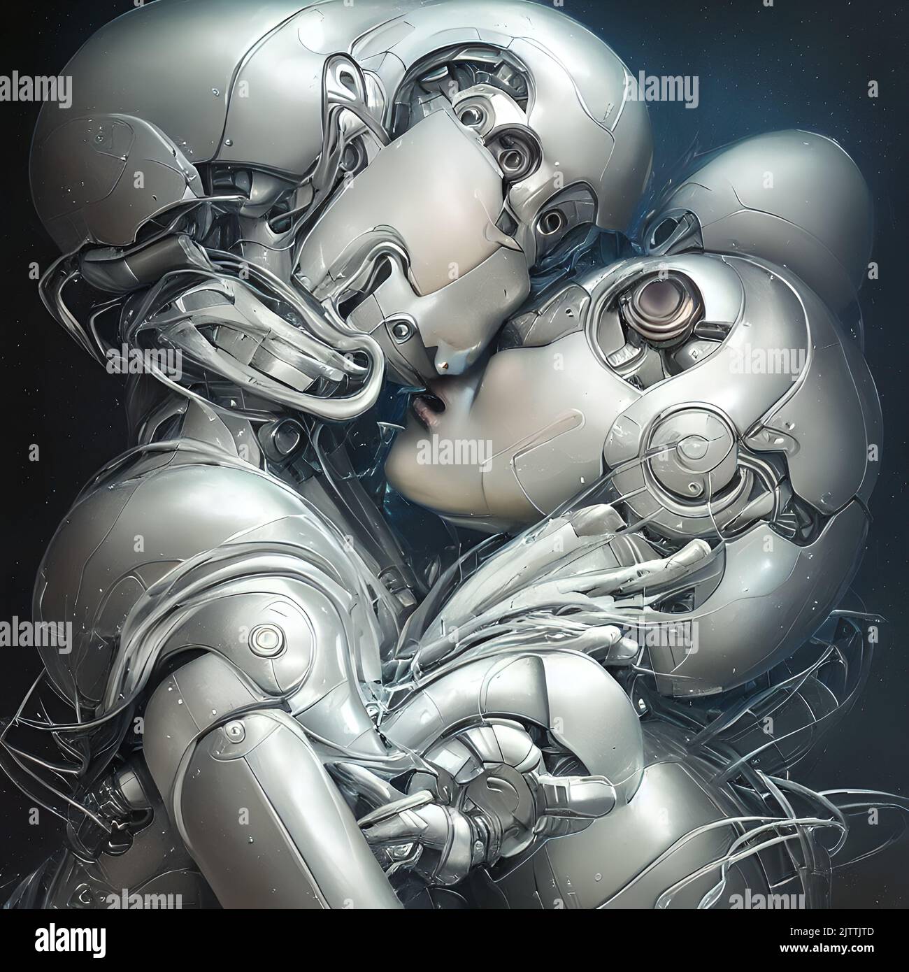 Surrealistic portrait of two pearl skinned humanoid androids embracing Stock Photo