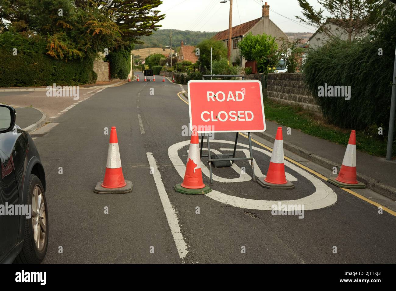 September 2022 - Road closed signs in the Somerset Village of Cheddar Stock Photo