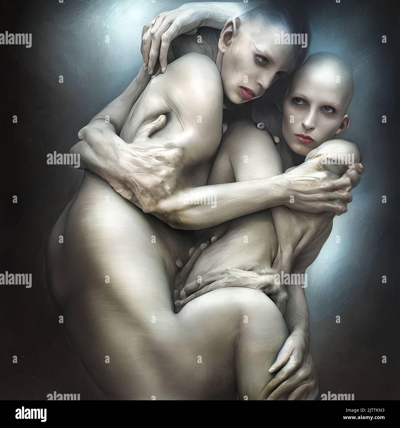 Surrealistic portrait of two white skinned humanoids embracing Stock Photo
