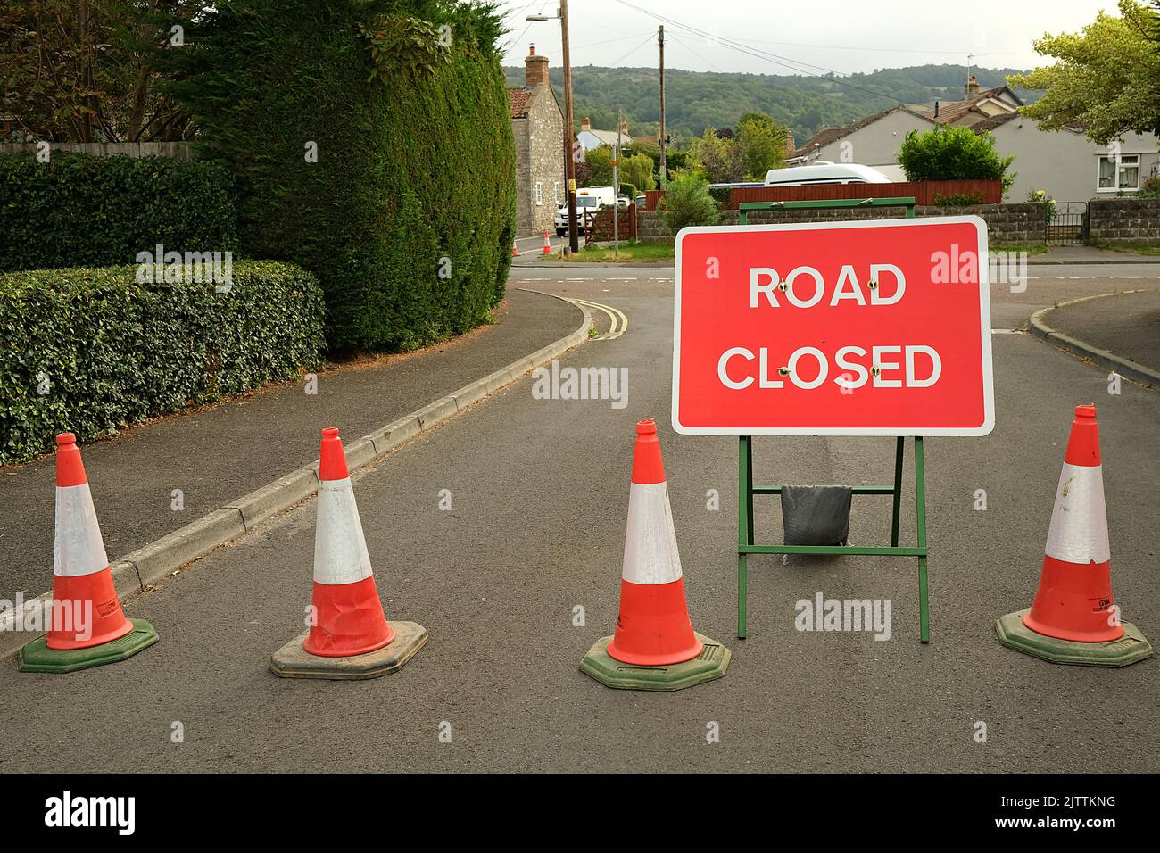 September 2022 - Road closed signs in the Somerset Village of Cheddar Stock Photo