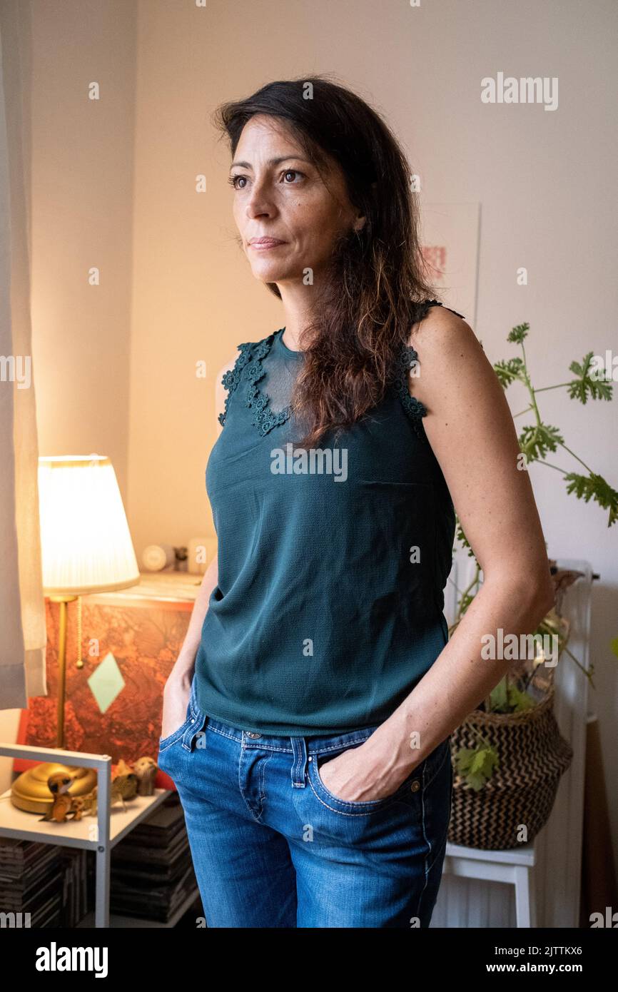 Portrait of the Spanish artist Paloma Fernandez Sobrino who created the Encyclopaedia of Migrants, director and artistic director of L'Age de la tortue. Rennes, Brittany. France. Stock Photo
