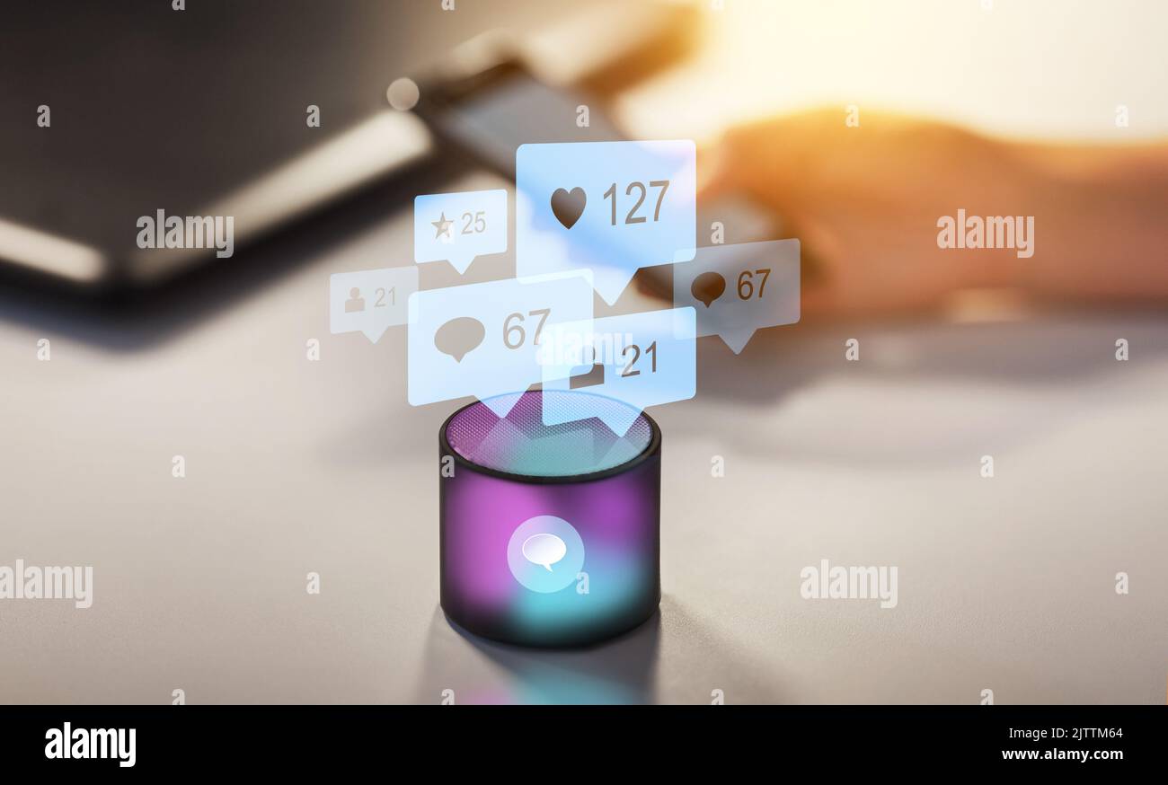 smart speaker with social network icons Stock Photo