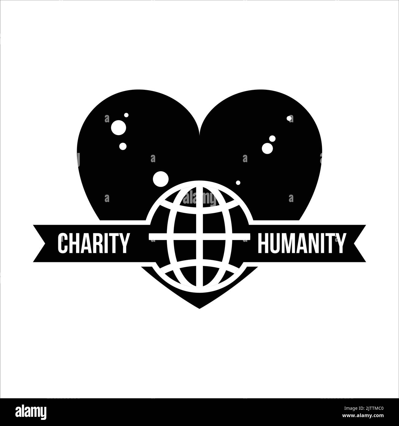 Charity - Humanity - Heart and Globe logo and ribbon, vector black icon - World charity and donation day signs and symbols Stock Vector
