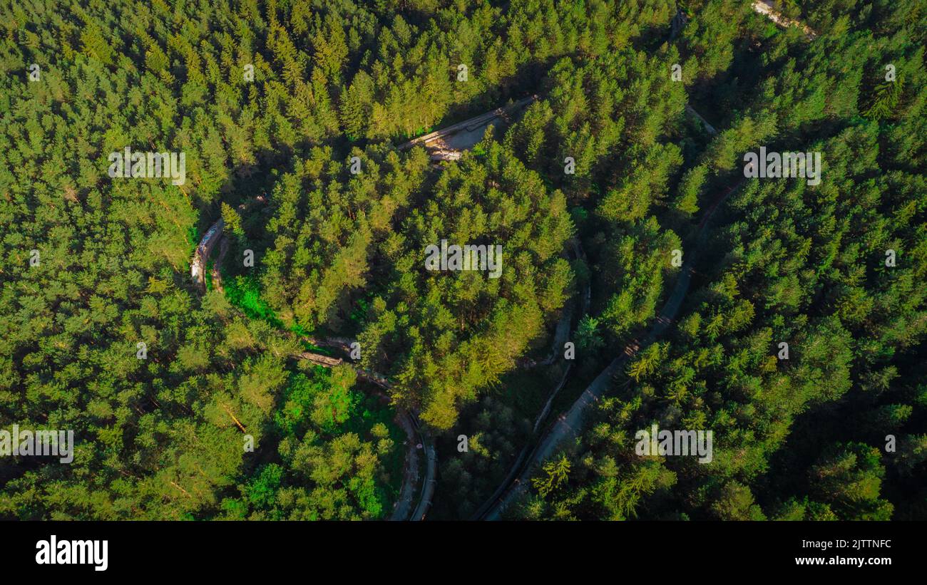 Aerial view of Abandoned or deserted remains of former bobsleigh track in Sarajevo, for the 1984 winter games. Stock Photo