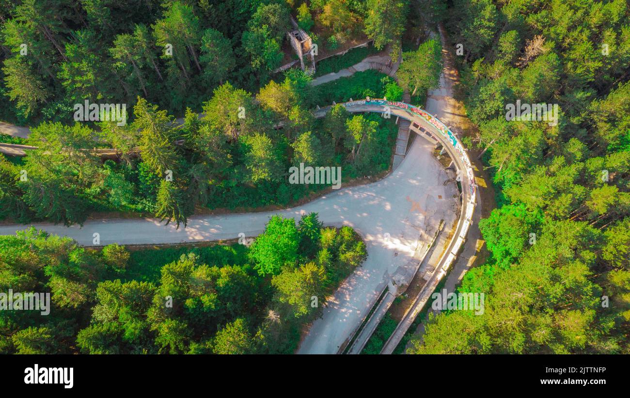 Aerial view of Abandoned or deserted remains of former bobsleigh track in Sarajevo, for the 1984 winter games. Stock Photo