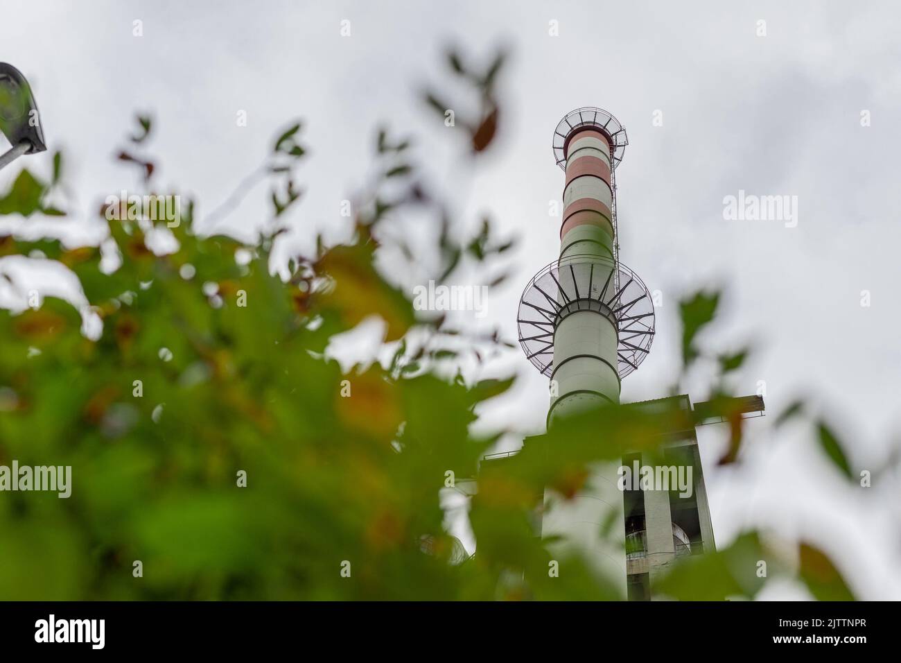Factory chimney rising up from green foliage. Concept photo of green energy or not so green energy. Interesting shape of a chimney. Stock Photo