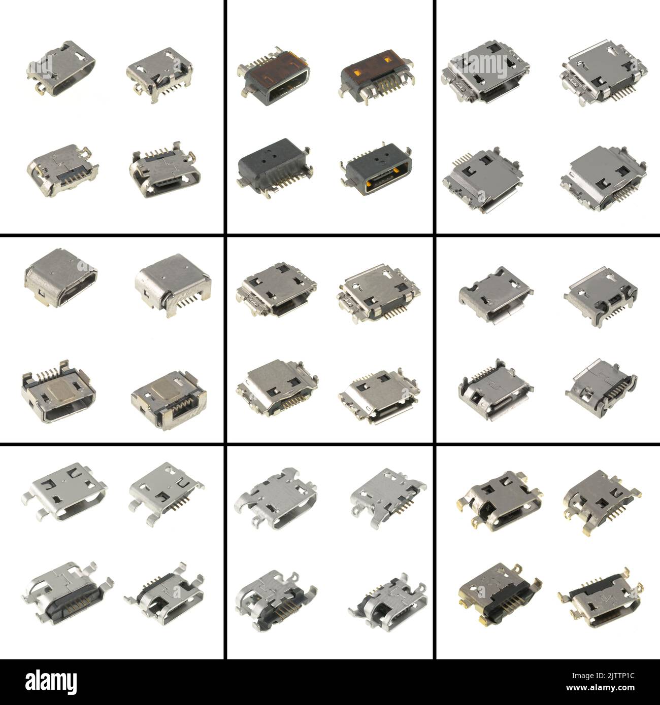 connector Micro-USB socket, collage of Micro-USB connectors, spare part for phone tablet, isolated on white background Stock Photo