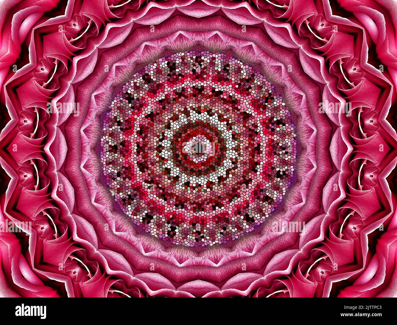 Graphic kaleidoscope  geometric and concentric design with a mosaic center. Stock Photo