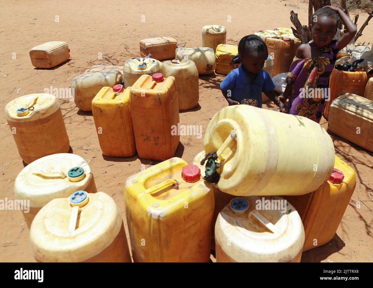 Children stand by their family jerrycans as they wait for their turn to collect water at a borehole following a prolonged drought near the Kenya-Ethiopia border in Kubdishan, in Mandera region, Kenya September 1, 2022. REUTERS/Thomas Mukoya Stock Photo
