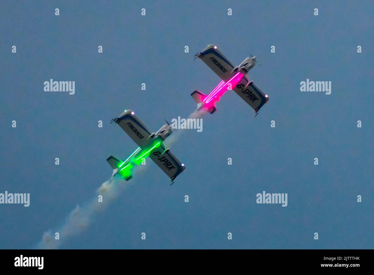 Bournemouth, Dorset, UK.  1st September 2022.  The Firebirds lit with neon lights performing during the night air display at dusk on the first day of the Bournemouth Air Festival at Bournemouth in Dorset. Picture Credit: Graham Hunt/Alamy Live News Stock Photo