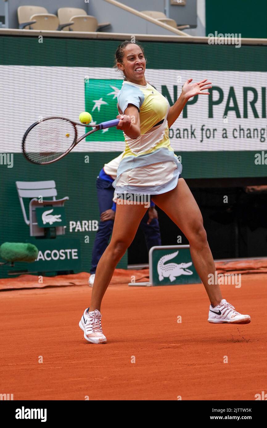 Professional tennis player Madison Keys of United States in action during her round 4 match at Roland Garros 2022 in Paris, France Stock Photo