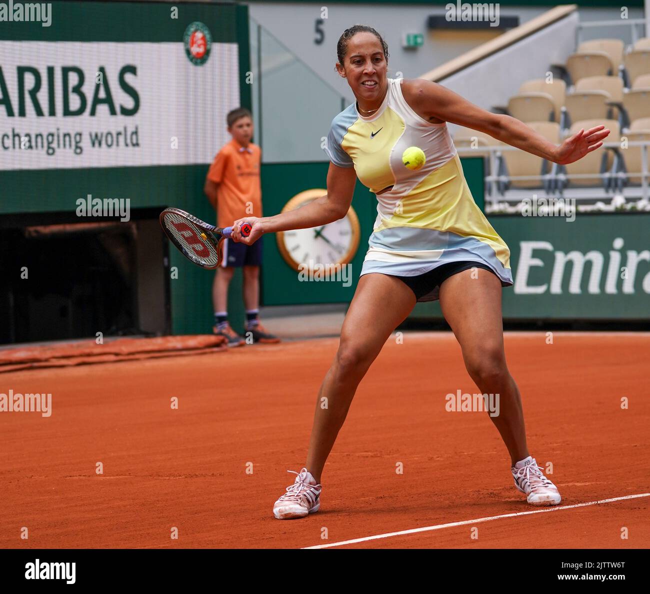 Professional tennis player Madison Keys of United States in action during her round 4 match at Roland Garros 2022 in Paris, France Stock Photo